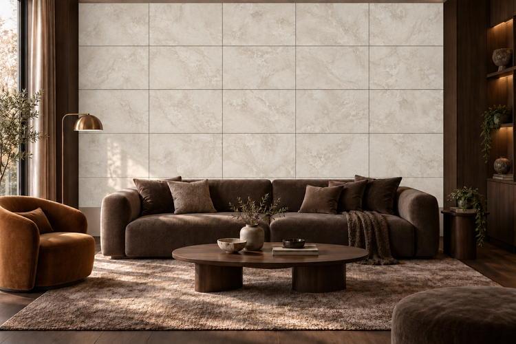 Wohnzimmer mit marmorierter Wandfliese, dunklem Sofa und Beistelltisch in eleganter und moderner Gestaltung.