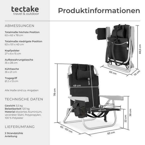 Produktinformationen für einen Tectake Strandstuhl mit Abmessungen