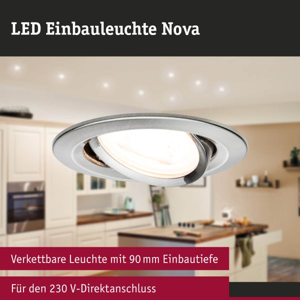 Schwenkbare LED Einbauleuchte Nova aus gebürstetem Metall mit 90 Millimeter Einbautiefe für 230 Volt Direktanschluss.