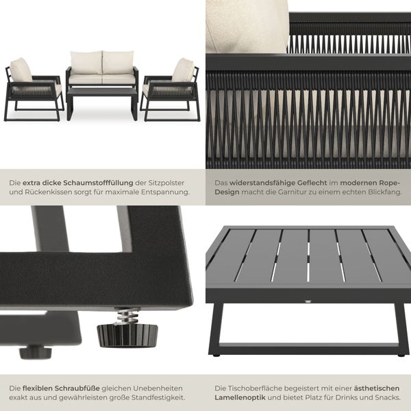Gartenmöbel-Set mit Sofa, Sesseln und Tisch, Seilgeflecht-Design, verstellbare Füße und Lamellentischplatte.
