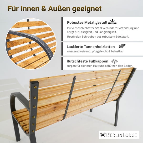 Berlin Lodge Logo. Gartenbank aus lackierten Tannenholzlatten mit robustem Metallgestell und rutschfesten Fußkappen für Innen und Außen.