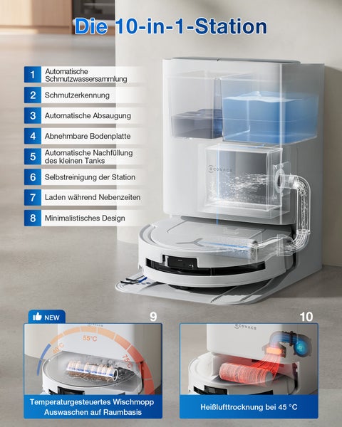 ECOVACS Saugroboter Reinigungsstation mit automatischer Schmutzwassersammlung, Schmutzerkennung, Absaugung, abnehmbarer Bodenplatte, automatischer Tankfüllung, Selbstreinigung, Laden während Nebenzeiten, minimalistischem Design, temperaturgeführter Wischmoppauswaschung und Heißlufttrocknung