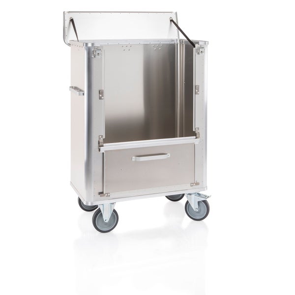 Aluminium Transportbox mit Rollen und offenem Deckel
