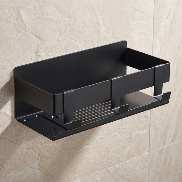 Schwarze Duschablage aus Metall für die Wandmontage mit drei Haken und Lamellenboden.