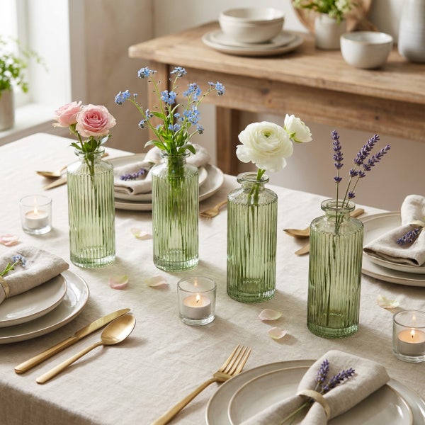Festlich gedeckter Tisch mit vier geriffelten Glasvasen, gefüllt mit frischen Blumen und Akzenten durch kleine Teelichter und Besteck.