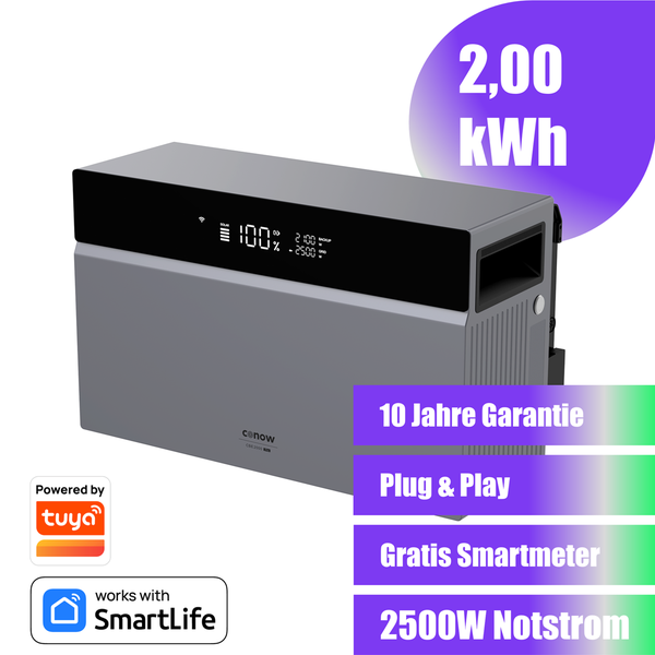 Conow CBE2000 Pro Heimspeicher mit 2,00 Kilowattstunden Kapazität, 2500 Watt Notstrom, Plug und Play, 10 Jahre Garantie und SmartLife Logo.