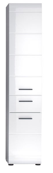 Hochglänzender weißer Badezimmer-Hochschrank mit drei Schubladen und schwarzen Griffen.