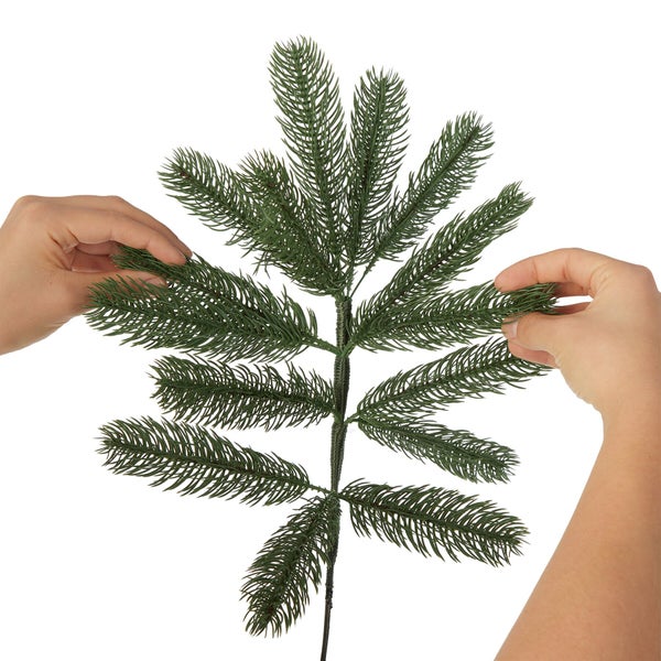 Dekorativer Tannenzweig, von zwei Händen gehalten.