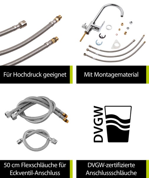 'aquaSu® Spültischarmatur Rego mit Geräteanschluss, Wasserspar-Mischdüse, Kosten-sparende Kaltwassermittelstellung, hoher Auslauf, Keramikkartusche, Messingkern, verchromt, 797122