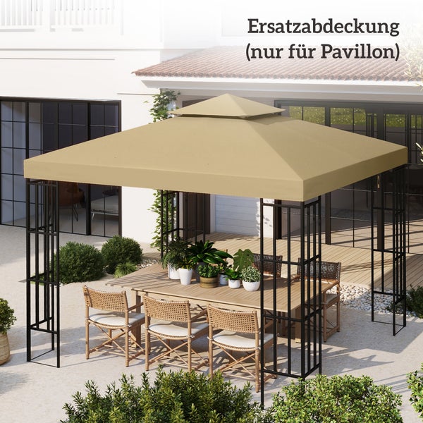 Beige Ersatzabdeckung für einen Pavillon mit Doppeldach auf einer Terrasse mit Gartenmöbeln vor einem modernen Haus.