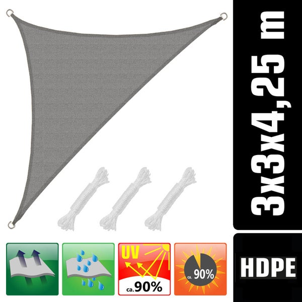 Graues dreieckiges Sonnensegel aus HDPE, 3 mal 3 mal 4,25 Meter, 3 Seile, luft- und wasserdurchlässig, circa 90 Prozent UV-Schutz und Schattierung.