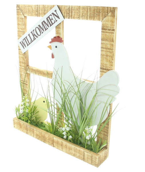 FRANK FLECHTWAREN|Dekofenster Huhn mit Küken, 35 x 5 x 40 cm, HOLZ, KUNSTSTOFF