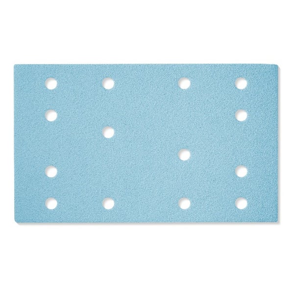 Rechteckiges blaues Schleifpapier mit 14 Löchern zur Staubabsaugung.