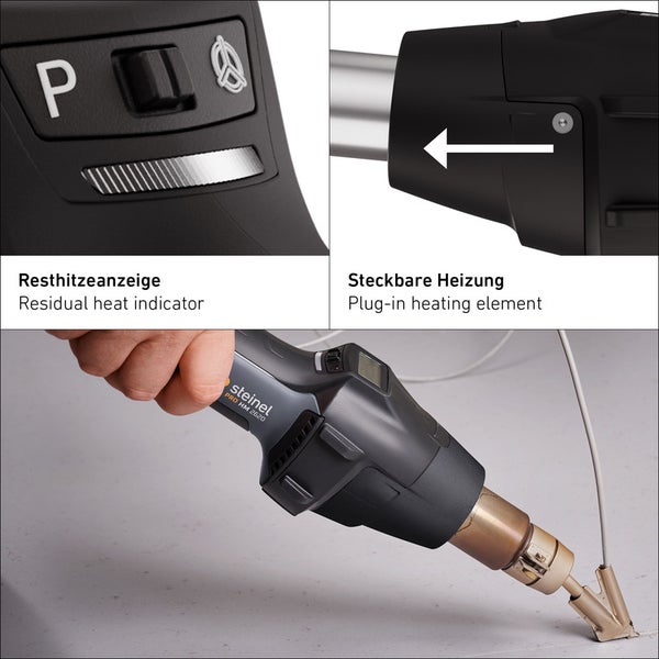 Steinel Heißluftgebläse HG 2620 E mit Resthitzeanzeige, steckbarer Heizung und Schweißdüse im Einsatz auf Bodenbelag.