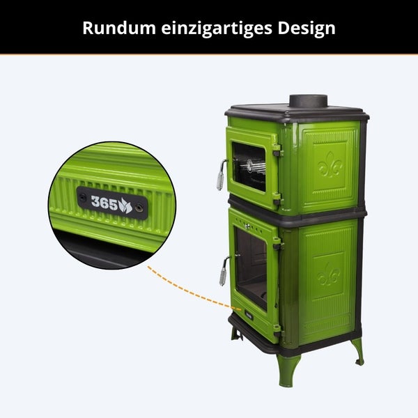Kaminofen mit Backfach, grüner Emaillierung, zwei Glastüren und Detailansicht der 365-Plakette.