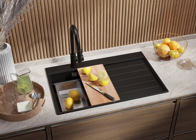 PRIMAGRAN Spülbecken Schwarz 78x50cm, Granitspüle 1 Becken + Ablauf-Set + Küchenzubehörset, Küchenspüle ab 45er Unterschrank - Sydney