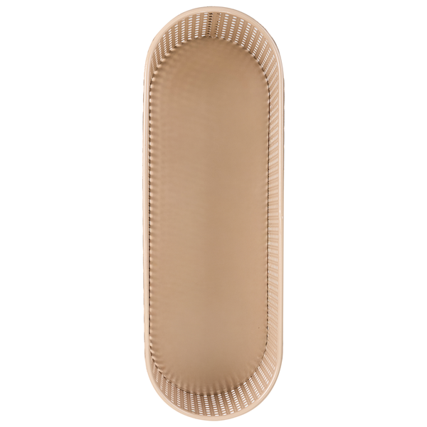 Ovaler Aufbewahrungskorb aus Metall in Beige mit perforiertem Rand, Ansicht von oben.