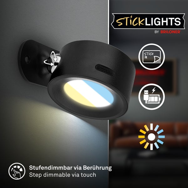 Runde schwarze Wandleuchte, per Berührung dimmbar, USB-Anschluss, verstellbares Gelenk, StickLights by Briloner Logo.
