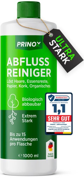 PRINOX® Abflussreiniger 1000ml EXTRA STARK - Profi Rohrreiniger löst Haare, Essensreste & schwerste Verstopfungen - Rohrfrei gegen hartnäckige Verstopfungen & üble Gerüche - Biologisch abbaubar