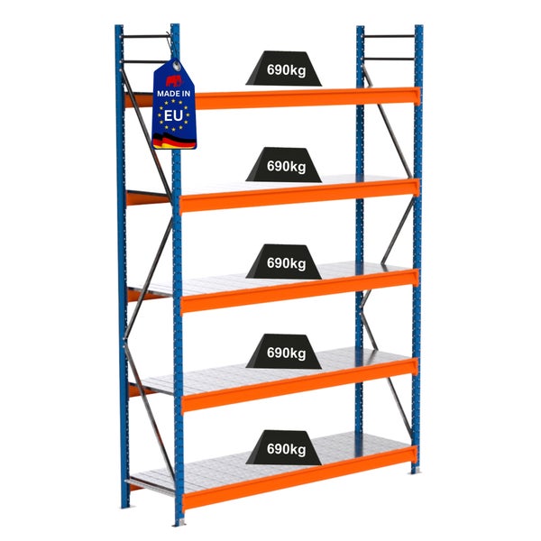 Lagerregal mit fünf Ebenen und einer Traglast von 690 Kilogramm pro Ebene