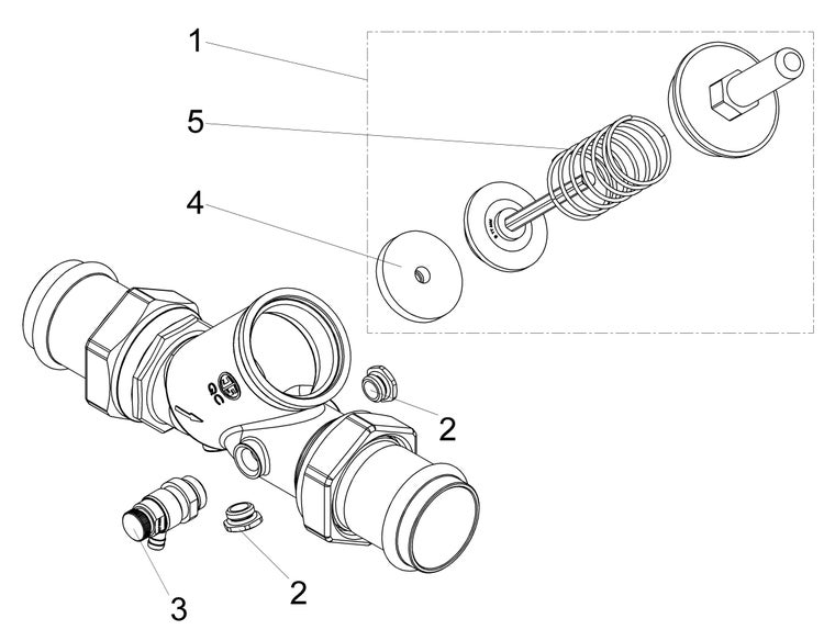 Explosionszeichnung eines Ventils mit nummerierten Ersatzteilen wie Feder, Dichtungen und Verschlussschrauben.