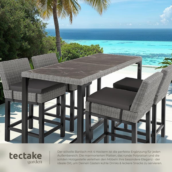 Rattan Tisch Lovas mit 4 Stühlen Latina tectake  Beine aus Holz mit Aluminiumgestellen grau