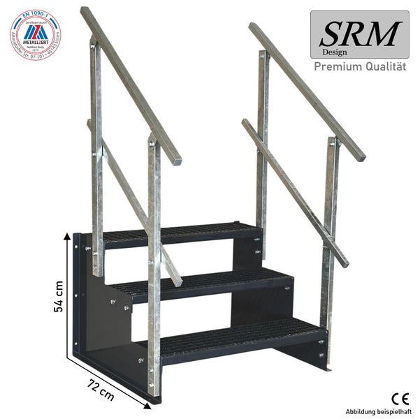 Dreistufige Metalltreppe mit beidseitigem Handlauf, 54 Zentimeter hoch, 72 Zentimeter breit, SRM Design Logo, EN 1090-1 zertifiziert, CE-Konformität.