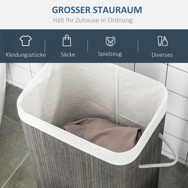 HOMCOM Bambus Wäschekorb schmal mit Deckel 83L Wäschesammler mit Griffen, herausnehmbarer Wäschesack, Laundry Baskets Wäschesortierer für Waschküche Badezimmer Schlafzimmer Grau