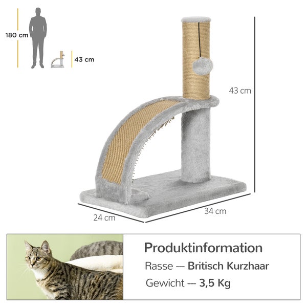 PawHut Kratzbaum klein Katzenkratzbaum Kratzstamm für Katzen unter 4,5 kg mit Katzenkratzbrett, Kratzbaum, Katzenreizball 34 x 24 x 43 cm Grau