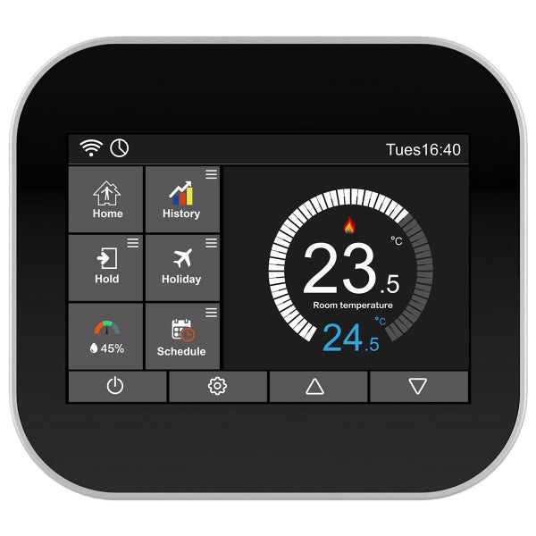 Digitales Raumthermostat mit Touchscreen und Anzeige der Raumtemperatur sowie Feuchtigkeit zur intelligenten Heizungssteuerung.