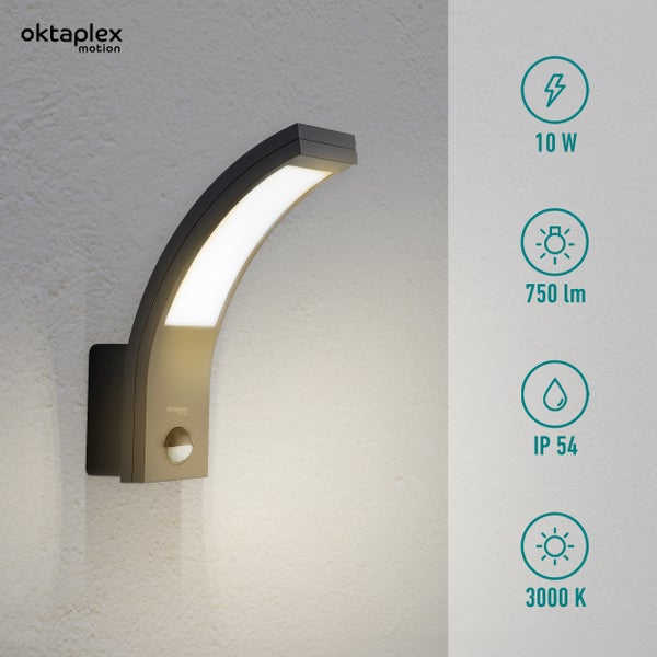 Rio Außenlampe mit Bewegungsmelder IP54 Außenwandleuchte 3000K warmweiß 750lm 10W Wandlampe 230V anthrazit