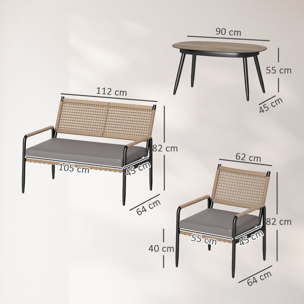 Outsunny Gartenmöbel Set aus Polyrattan Lounge-Set mit 2er Sofa Sessel Glastisch Kissen wetterfest Sitzgruppe für 4 Personen Outdoor Balkonmöbel Set Terrassenmöbel für Garten Balkon Dunkelgrau+Gelb