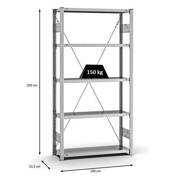 PROREGAL Fachbodenregal Stecksystem T-Profil Light-Duty Grundregal HxBxT 200 x 100 x 30 cm 5 Ebenen Fachlast 150 kg Einseitig Nutzbar Verzinkt