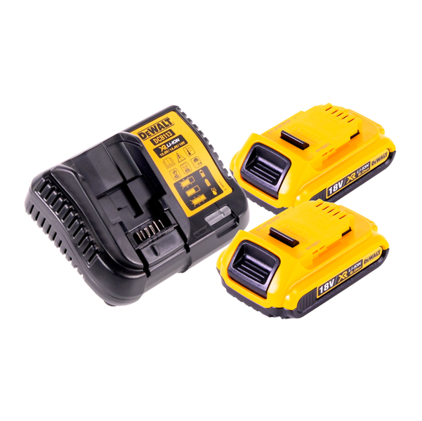 DeWalt Akku-Starter-Set bestehend aus dem Ladegerät DCB113 und zwei 18 Volt XR Lithium-Ionen-Akkus mit 2,0 Amperestunden Kapazität.