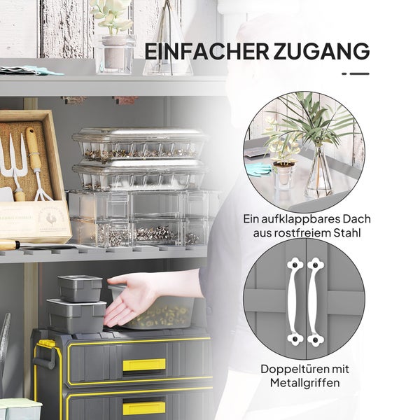 Outsunny Gartenschrank Holz, Geräteschuppen wetterfest 74x43x88cm, Gerätehaus mit Klappdach Ablagen, Arbeitsfläche, Geräteschrank, Gartenhaus Werkzeugschrank Gartenschuppen für Garten, Grau