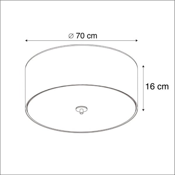 Maßzeichnung einer runden Deckenleuchte mit einem Durchmesser von 70 Zentimeter und einer Höhe von 16 Zentimeter.