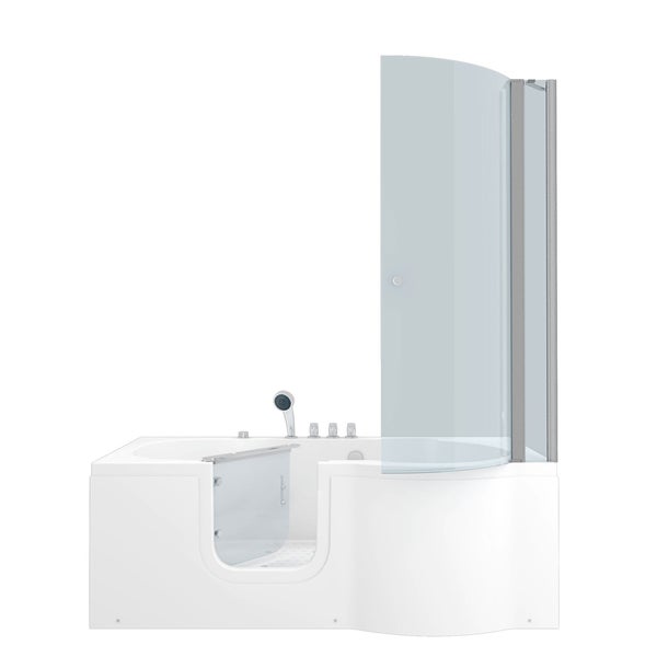 Barrierefreie Sitzbadewanne mit Duschtrennwand aus Glas und integrierter Einstiegstür sowie Armaturen.