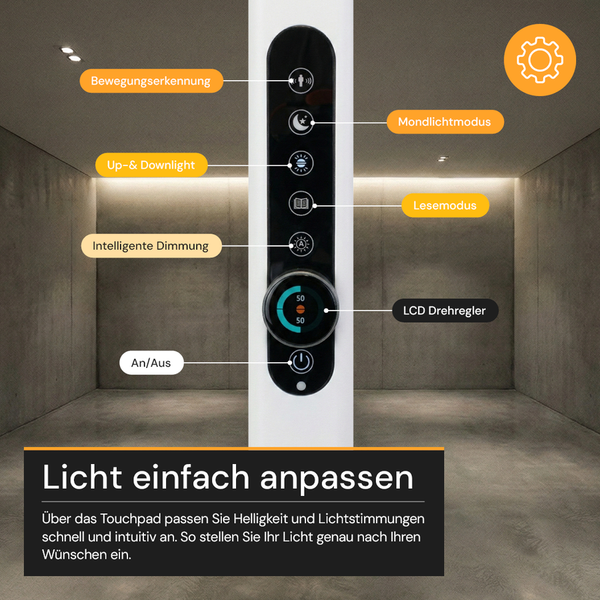 Bedienpanel einer Stehleuchte mit Touchpad, LCD-Drehregler und Symbolen für Bewegungserkennung, Lichtmodi und Dimmung.