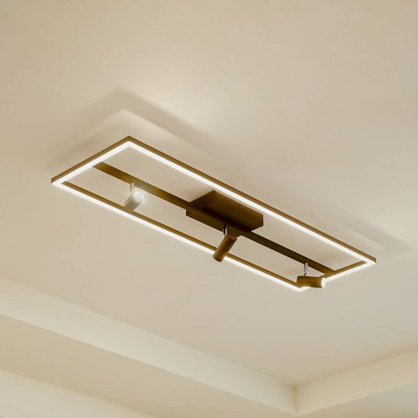 Moderne schwarze Deckenleuchte mit rechteckigem LED-Rahmen und drei verstellbaren Strahlern aus Metall.