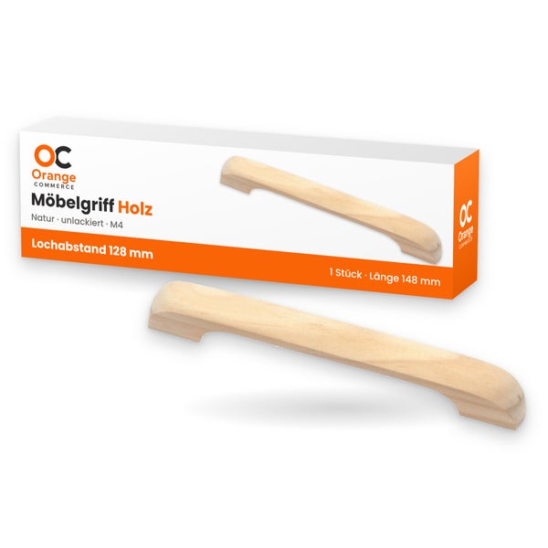 Möbelgriff aus Holz von Orange Commerce, natur und unlackiert, Lochabstand 128 Millimeter, Länge 148 Millimeter inklusive Verpackung