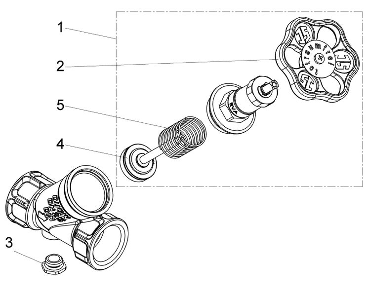 Explosionszeichnung eines Freistromventils mit nummerierten Einzelteilen wie Handrad, Feder und Ventiloberteil.