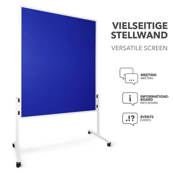 Blaue mobile Stellwand mit Rollen, verwendbar als Informationstafel oder Trennwand für Meetings und Veranstaltungen.