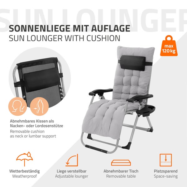 Hauki 2er Set Sonnenliege klappbar, Grau, Liegestuhl mit Polster, Nackenkissen & Getränkehalter, Extra groß Gartenliege wetterfest, Zero Gravity Stuhl, Outdoor Relaxliege, Gartenstuhl mit Rückenlehne