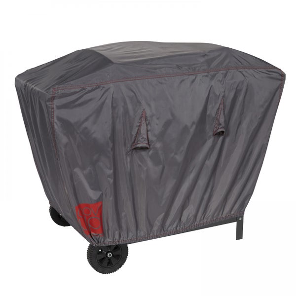 Graue wetterfeste Abdeckhaube für Grillwagen mit Belüftungsöffnungen und Cov up Logo.