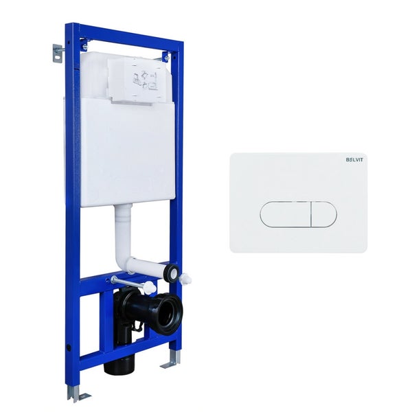 WC-Vorwandelement mit integriertem Spülkasten und rechteckiger Drückerplatte mit Belvit Logo.