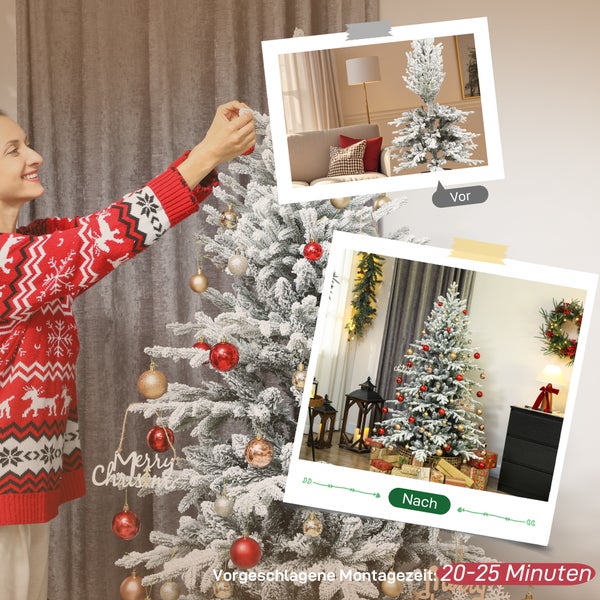 Frau dekoriert einen verschneiten künstlichen Weihnachtsbaum, Vorher-Nachher-Ansicht, Montagezeit 20 bis 25 Minuten.