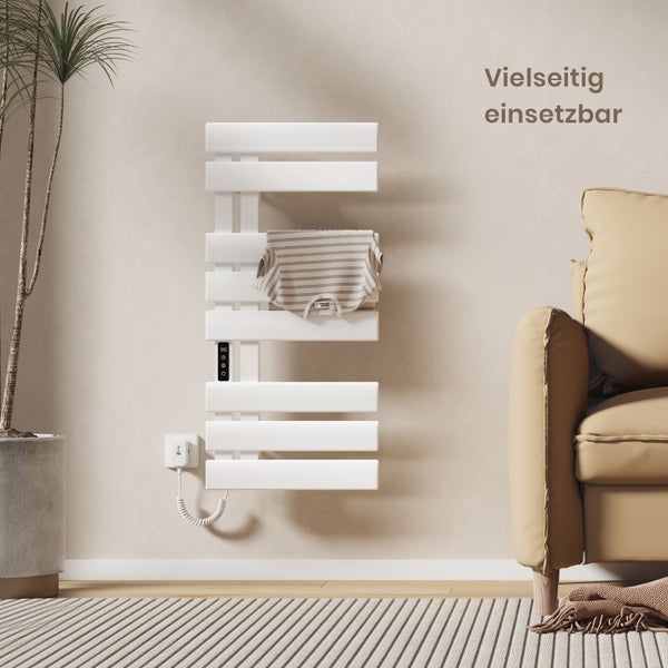 EMKE Elektrischer WLAN-Handtuchwärmer, 850×400 mm, 230W, Smart Touch & App-Steuerung, IPX5, Linksanschluss, flache Rohre, Weiß