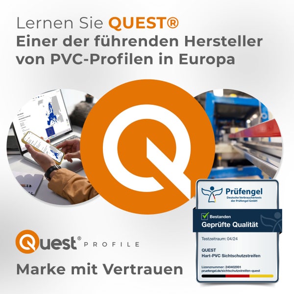 Quest Logo und Informationen zur Herstellung von PVC-Profilen sowie ein Siegel für geprüfte Qualität von Prüfengel für Hart-PVC Sichtschutzstreifen.