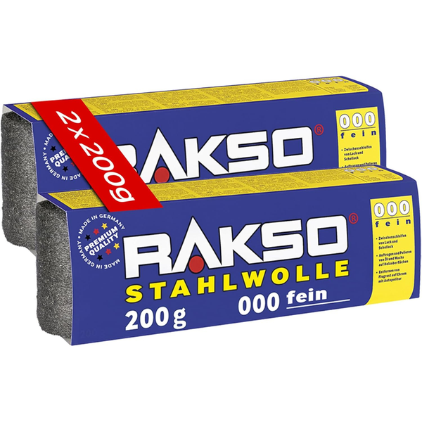 Rakso Logo, zwei Packungen Stahlwolle, Feinheitsgrad null null null fein, je zweihundert Gramm, Premium-Qualität, hergestellt in Deutschland.