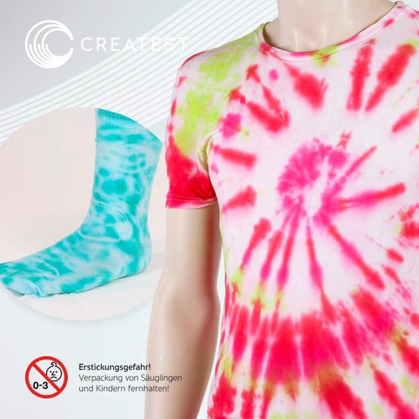 Anwendungsbeispiel für Batikfarben mit einem bunt gefärbten T-Shirt und einer Socke. Createst Logo. Warnung vor Erstickungsgefahr für Kinder unter drei Jahren.